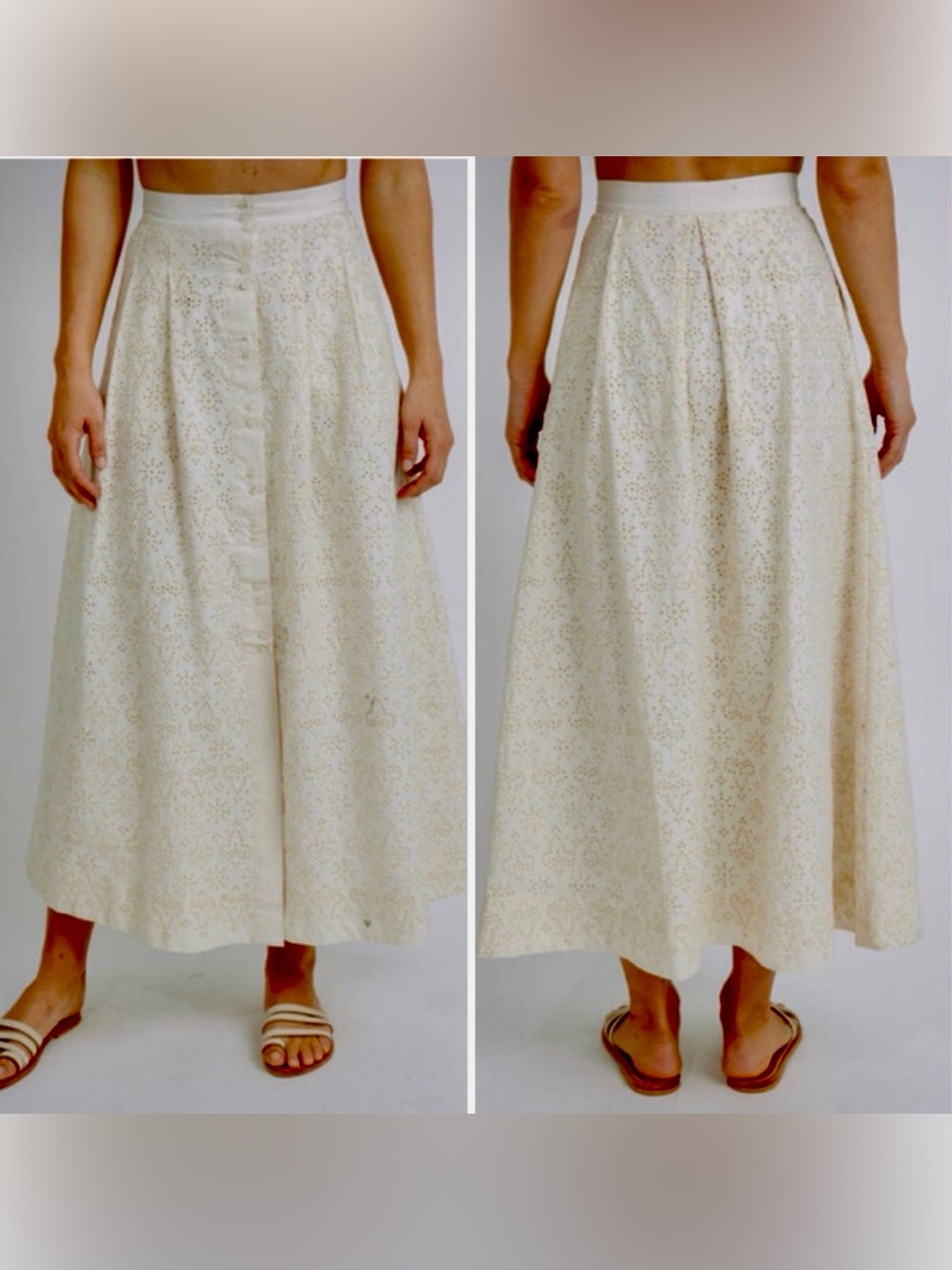 Mirth Lucerne slow fashion Button-Front Eyelet Midi Skirt in Cream size medium